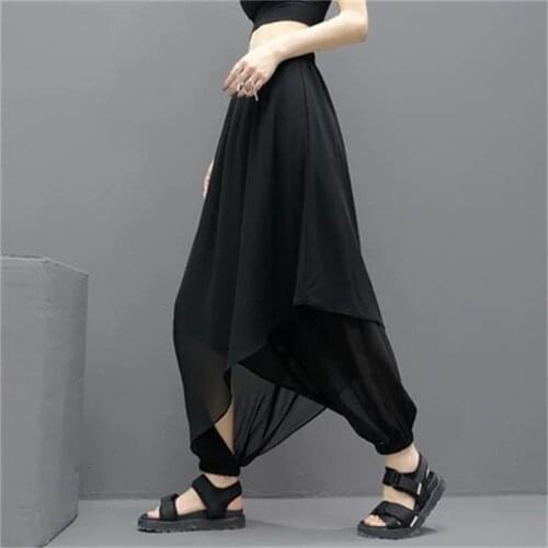 European and American chiffon stitching wide leg trousers personality fat MM elastic waist irregular slit trousers thin fashion