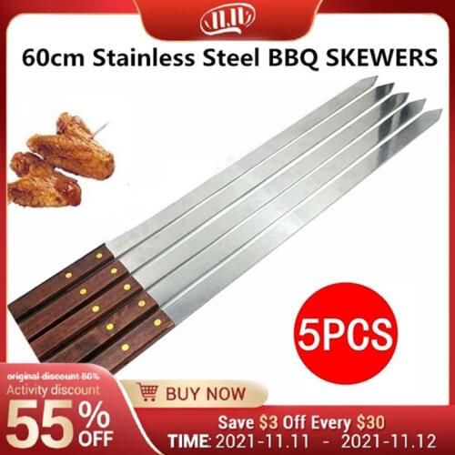 5Pcs Stainless Steel Grilling BBQ Skewers Reusable Wooden Handle BBQ Fork Long Flat Meat Skewers Sticks for Brazilian Kebab Tool