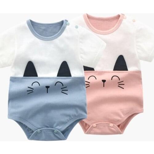 Newborn Infant Baby Romper Summer Skort-Sleeve Cotton Splicing Style Cat Pattern Outfits Bodysuit Toddler Girls Boys Clothes