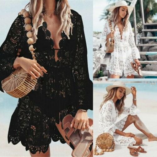 Lace Bikini Cover Up Knit Crochet Floral Sexy Bathing Swimwear See-Through V-Neck Tunic Dress Beachwear Women Robe Outfit Hot