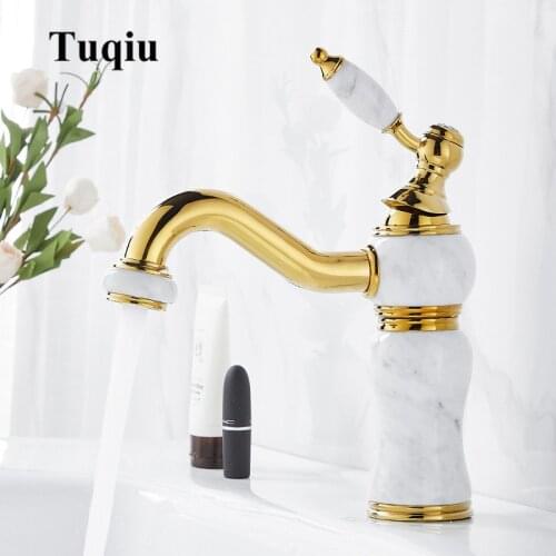 Tuqiu Bathroom Faucet Brass and Marble Gold Bathroom Basin Faucet Cold And Hot Water Mixer Sink Tap Deck Mounted Gold Tap