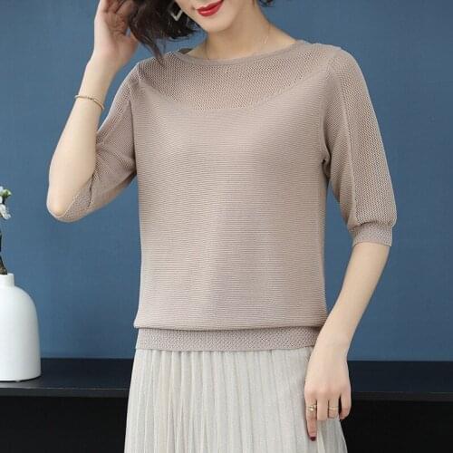 Summer Ice Silk Knitted T-shirt Womens Loose Short Sleeve Round Collar Top Tees Female Korean Thin Solid Colort-shirts H9303