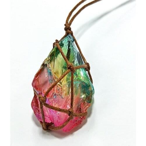 Irregular Natural Quartz Crystal Stone Pendant Necklace for Women Men Retro Reiki Wrapped Stone Healing Rainbow Jewelry Gift