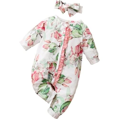 2021-07-06 Lioraitiin 0-18M Toddler Baby Girl Autumn Romper Flower Print Round-Neck Long Sleeve Single-Breasted Jumpsuit
