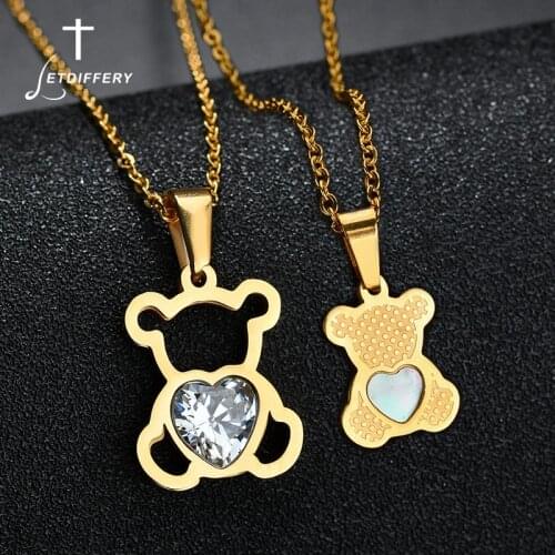 Letdiffery Cute Heart Crystal Bear Necklace For Women Girl Stainless Steel Shell Animal Jewelry Birthday Gift