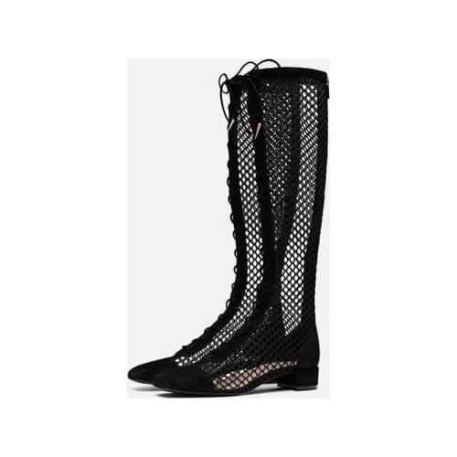 Drop Shipping Girls Fashion Black Beige Air Mesh Square Toe 4 cm Low Heels Lace Up Front Cuts Out Knee High Short Casual BootsDr
