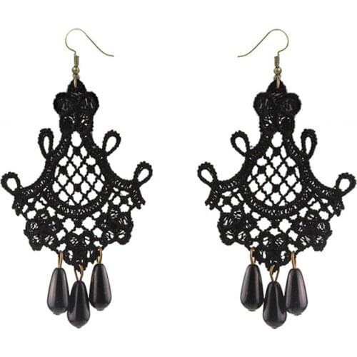 Retro Earrings Sexy Black Lace Dangle Drop Earrings For Women Lace Hollow Out Flower Long Earring European And American Style