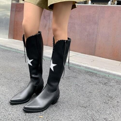 2021 New Winter Women Real Leather Western Boots Women Long Boots Shoes Pointed Toe Knee High Warm Boots
