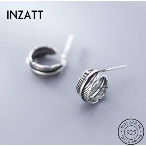 INZATT Real 925 Sterling Silver Vintage Thai Silver Feather Creative Stud Earrings For Women Birthday Party Fashion Jewelry Gift