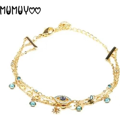 SWA Fashion Jewelry Charm Bohemian Multilayer Blue Crystal Bracelet Female Retro Devil Eye Three Layer Bracelet Female