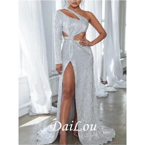 A-Line Elegant Formal Evening Dress One Shoulder Long Sleeve Sweep / Brush Train Sequined with Sequin Split Front 2021