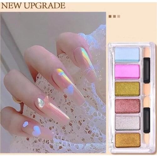 Solid Aurora Nail Art Powder Mermaid Chrome Mirror Pigment Decorations Pearl Rubbing Dust Brush Glitters 6-Color CombinationSet