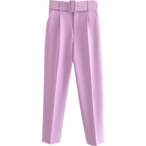 Women Chic Fashion High Waist With Belt Pants Vintage Zipper Fly Pockets Office Wear Female Ankle Trousers