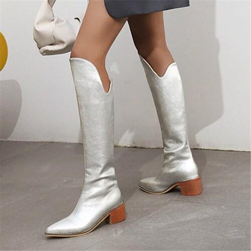 2021 winter cowboy western High boots boots woman low heels fashion casual boots pointed toe concise boots women big size 43