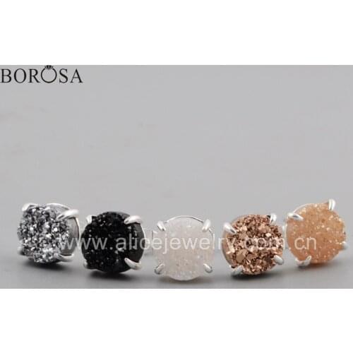 BOROSA 5Pairs 10mm Round Silver Color Claw Rainbow Natural Agates Druzy Stud Earrings Jewelry for Women Wholesale ZS0132