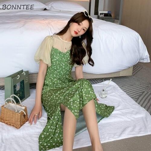 Dress Set Women Floral Maxi Summer Slim Elegant Short Sleeve Top A-line Outfit Ulzzang Side-slit Female Design Fashion Retro Ins