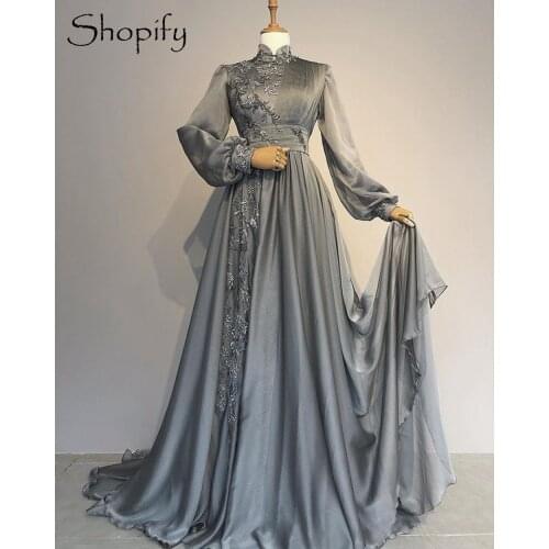 Long Sleeve High Neck Beaded Lace A-line Arabic Women Muslim Silver Chiffon Long Evening Dress 2021 Formal Gowns