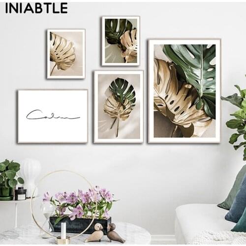 Golden Monstera Leaf Canvas Painting Botanical Wall Art Poster Print Nordic Scandinavian Modern Picture Living Room Home Decor