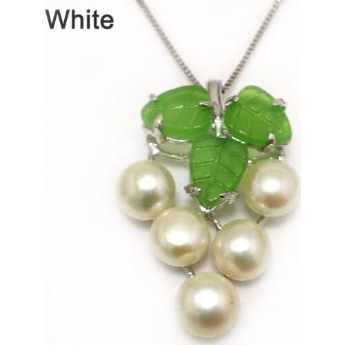18 inches Grape Style 7-8mm Natural White Button Pearl Green Leaf 925 Sterling Silver Pendent Necklace
