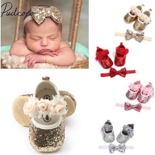 Newborn Infant Baby Girls Boys First Walkers Summer Crib Shoes 3 Style Sequined Floral Flat Hook Princess Shoes+Headband 2PCS
