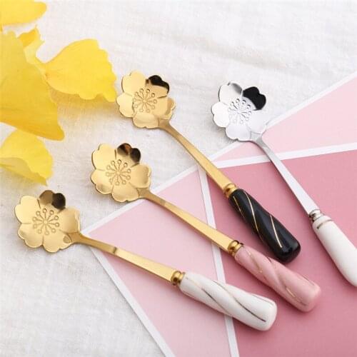 300pcs Flower Spoon Ceramic Handle Stainless Steel Tea Coffee Spoon Teaspoons Coffee Stirrers Mixing Spoon Drink Tableware