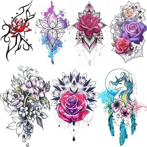 Watercolor Rose Henna Temporary Tattoos For Kid Women Lotus Mehndi Flower Fake Tattoo Sticker Branch Unicorn Pendant Tatoo Chest