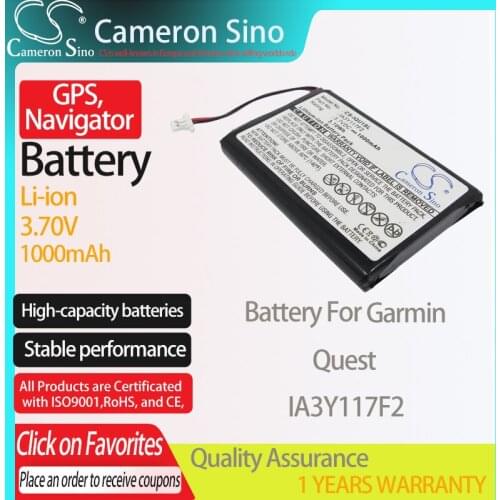 CameronSino Battery for Garmin Quest fits Garmin IA3Y117F2 GPS,Navigator battery 1000mAh 3.70V Li-ion Black