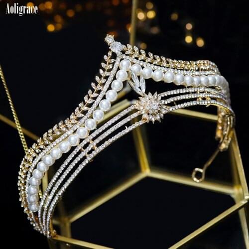 New Crystal Pearls Diadem Queen Crowns Bride Princess Tiaras Wedding Birthday Party Sweet 16 Heapieces Gold Hair Accessories