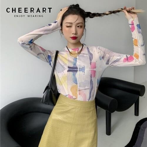 CHEERART Designer Long Sleeve T Shirt Pink Mesh Top Aesthetic Clothes See Through 2021 Trend Fashion Women Bodycon Y2k Top
