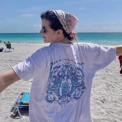 Cotton casual vintage printing Loose Women tshirt Top park flower angel O neck Short Sleeve oversize clothes summer T-Shirt size