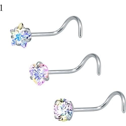 3PCS Surgical Steel Heart Fake Nose Screw Ring Clip Flower Zircon Nose Piercing Stud Ring Indian Faux Nostril Piercings Jewelr
