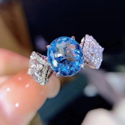 H118 Aquamarine Ring Fine Jewelry Pure 18K Gold Natural 2.3ct Blue Aquamarine Gemstones Fine Rings