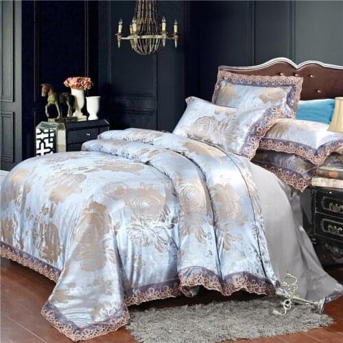 Home textile silver bedding set Jacquard Lace duvet cover set 4pcs bed linen European bed cover luxury golden flat sheet scallop