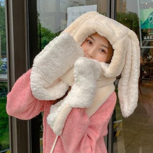 Kawaii Funny Rabbit Hat Long Ears Cute Cartoon Skullies Beanies Women Autumn Winter Warm 3 In 1 Gloves Scarf Hat Birthday Gift