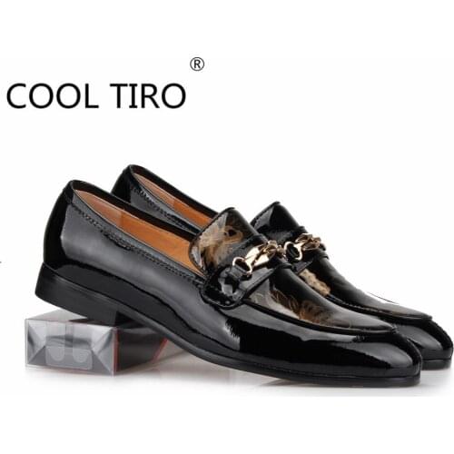 COOL TIRO Metal buckle Flowers print Patent leather mens loafers shoes Slip On Casual Men Moccasin Wedding dress Square toe man