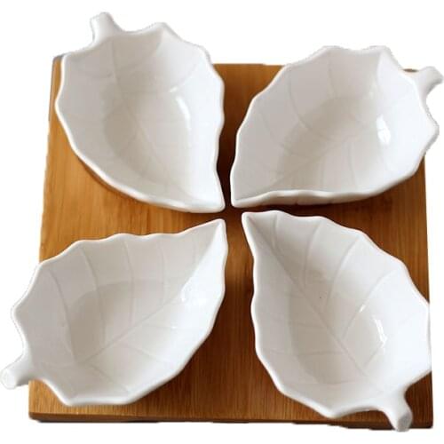Pure white ceramic bowl set Bamboo tray small dish 4pcs/lot Dessert plate With bamboo bowls pallet Suitable for oven