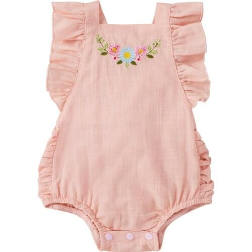 New Baby Girl Casual Square Collar Falbala Sleeve Embroidery Jumpsuit-A Good Choice For BabyS Daily Life Pink Yellow Army Green