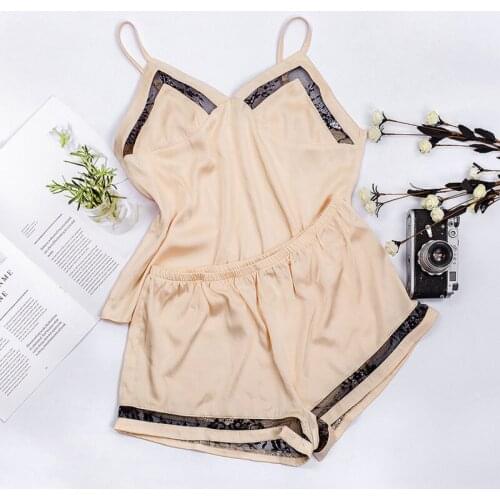 Sexy Simple Natural Sling Two-piece Pajamas Womens Satin Thin Summer Home Service Pajamas Women Shorts Set Pajamas