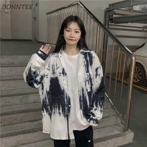Shirts Women Korean Blouses 2021 Casual Pockets Popular Fashion Tops Harajuku Tie-dyed Personality Loose Feminino Clothes Simple