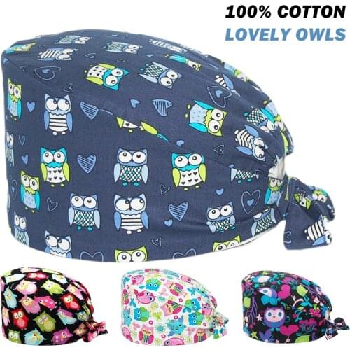 Anime Scrub Cap 100% Cotton Owls Printing Adjustable Nursing Caps Beauty Salon Pet Shop Working Accessories Scrubs Hat Women Men