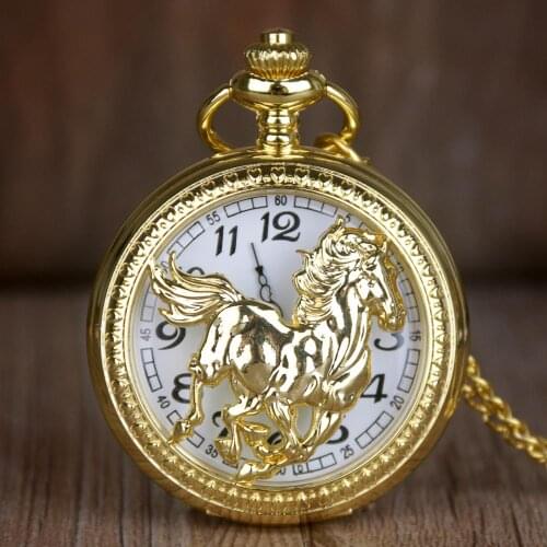 Vintage Pocket Watches Running Horse Design Quartz Pocket Watch Arabic Numberals Dial Pendant Necklace Chain Watch for Men Women