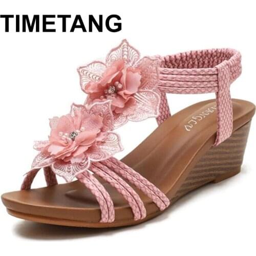 TIMETANGGladiator Sandals Bohemia Women Summer Retro Flower Flat Sandals Wedges Sandals Ladies Shoes Sandalias Mujer Plus Size