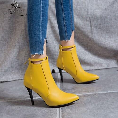 Sgesvier Fashion Autumn Yellow Red White Stiletto Boots Buckle Back Zip Thin High Heel Sexy Ankle Women Boots Ladies Shoes Party