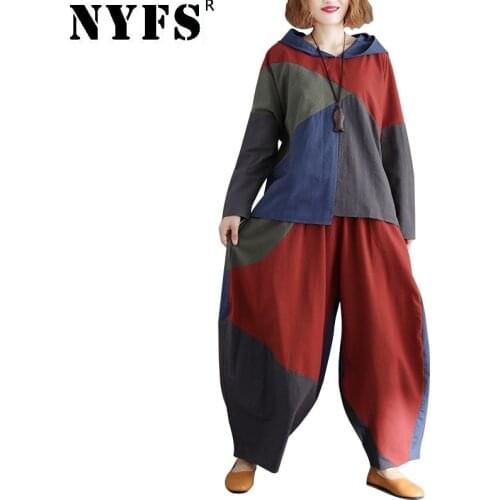 NYFS 2020 New Autumn Women Set Cotton Linen National wind Solid Long Sleeve Tops + harem pants 2 piece set Women Suit set
