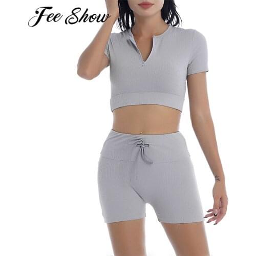 2Pcs Women Summer Pure Color Sport Suit Fitness Yoga Sets Front Zipper Cropped T-shirt High Waist Shorts Set Gym Running Outfits