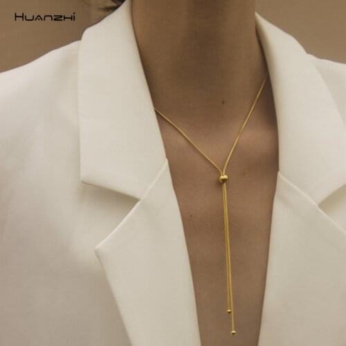 HUANZHI 2020 New Trend Gold Long Necklace Geometric Metal Chain Adjustable Necklace for Women Girls Party Wedding Jewelry