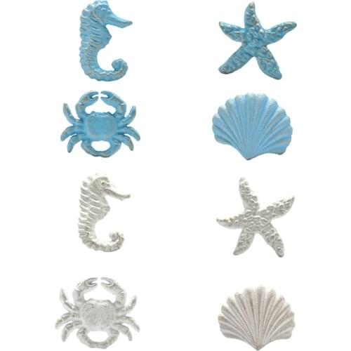 4pcs/set Mediterranean Blue/White Iron Knob Sea Horse/Crab/Shell/Starfish Handle Hook Drawer/Cabinet Pull Home Decor Furniture