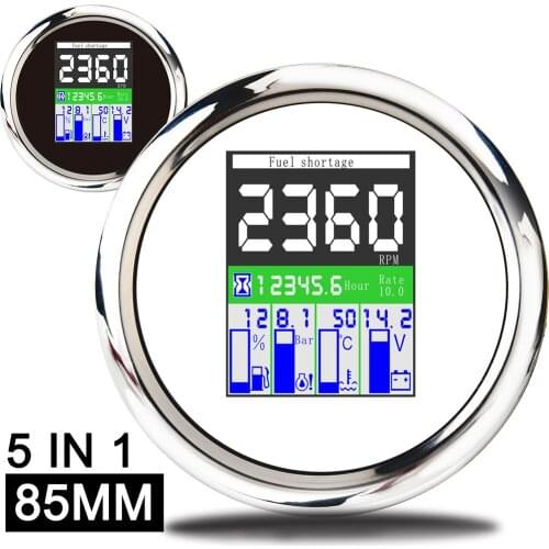 85mm TFT 5 in 1 Multi-functional Gauge Digital Tachometer 9-32V Hours Fuel Level Water Temp Oil Pressure Meter 0~9999 RPM Alarm