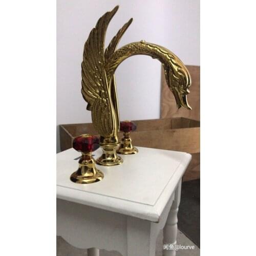 Free ship Golden swan sink faucet 3 Pieces widespread lavatory basin mixer tap Red crystal classic tap