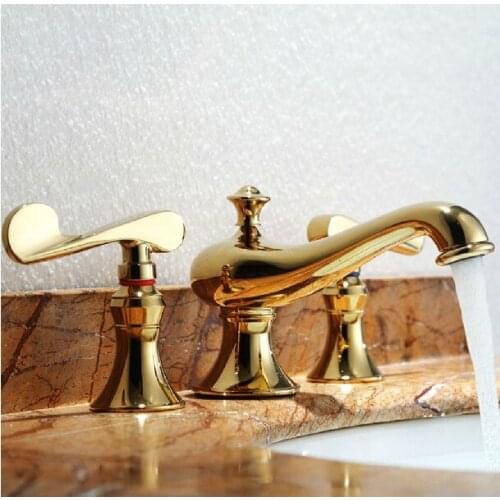 Free shipping Gold PVD widespread bathroom Lavatory Sink faucet lever handles New